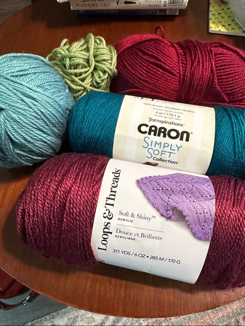 Caron Simply Soft teal and Loops & Thread berry acrylic yarn bundle